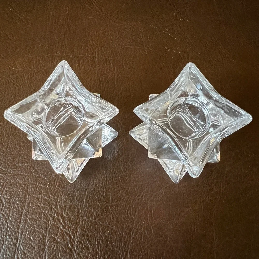 Vintage Geometric Starburst Crystal Style Candle Holder Pair 70s Space Age Decor